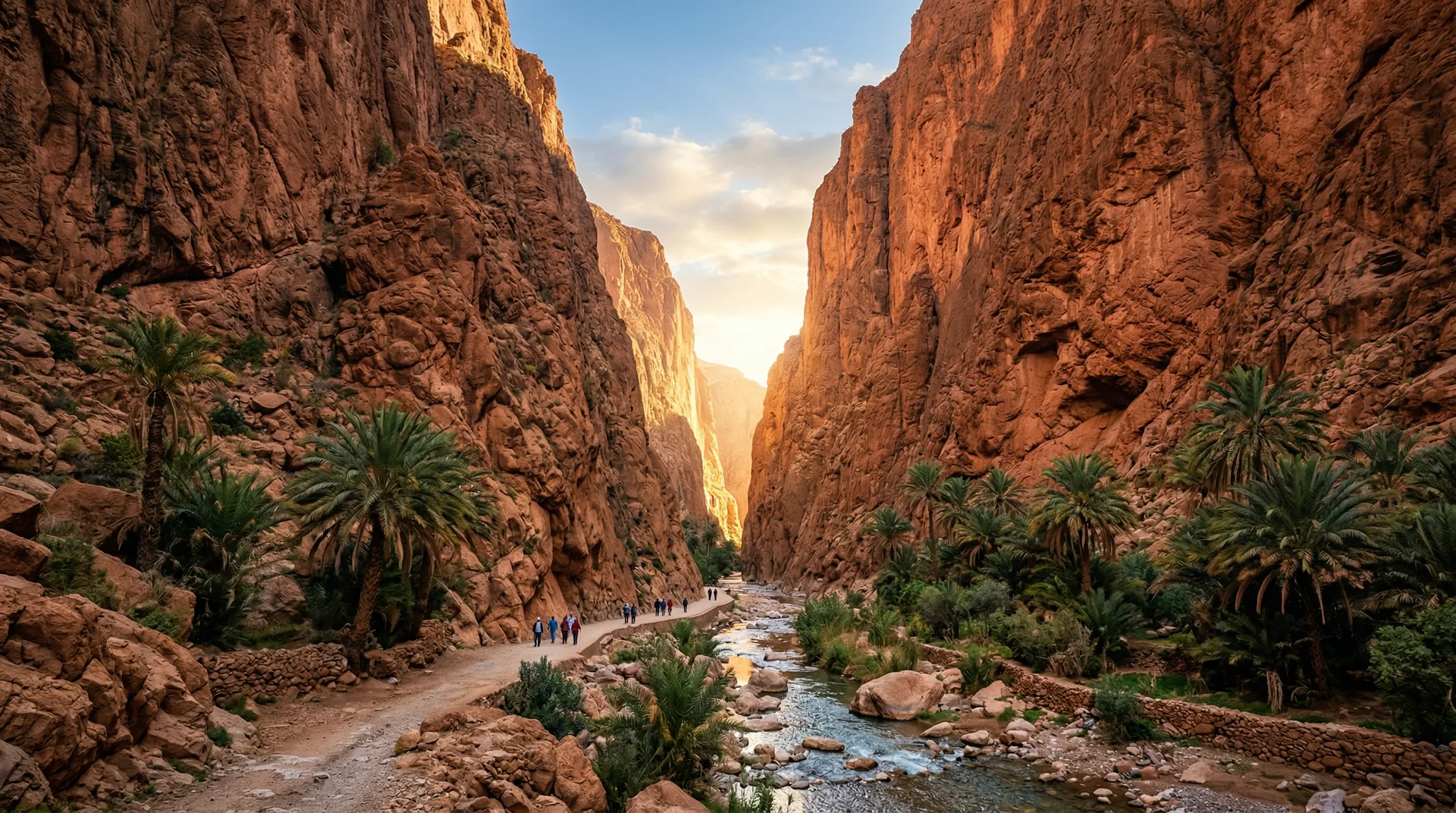 Trekkers dwarfed by the towering walls of the Todra gorge